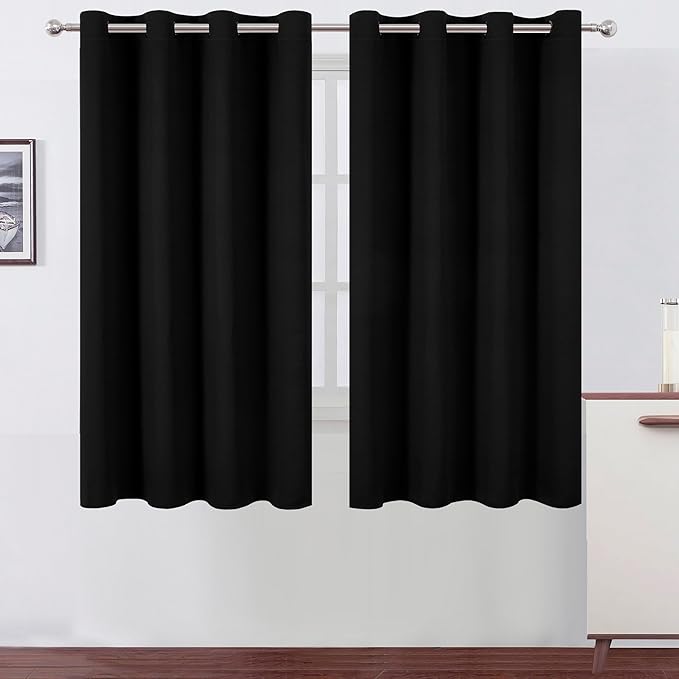 LEMOMO Black Blackout Curtains 66 x 63 Inch Length/Set of 2 Curtain Panels/Thermal Insulated Room Darkening Blackout Curtains for Bedroom