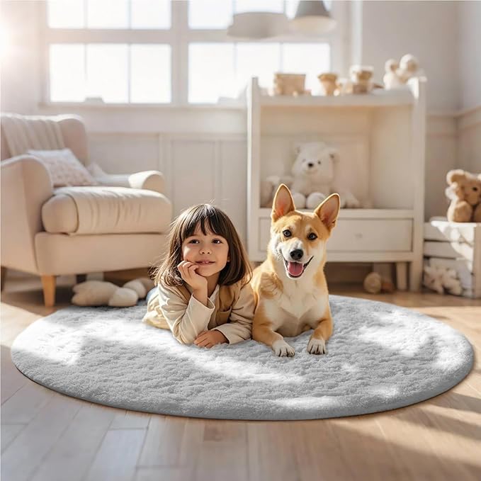 Ophanie White Round Rug 6Ft Circle Area Rug, Aesthetic Room Decor, Fluffy Fuzzy Bedroom Carpet, Plush Soft Shaggy Living Room Rugs for Kids Home Decor, Nursery