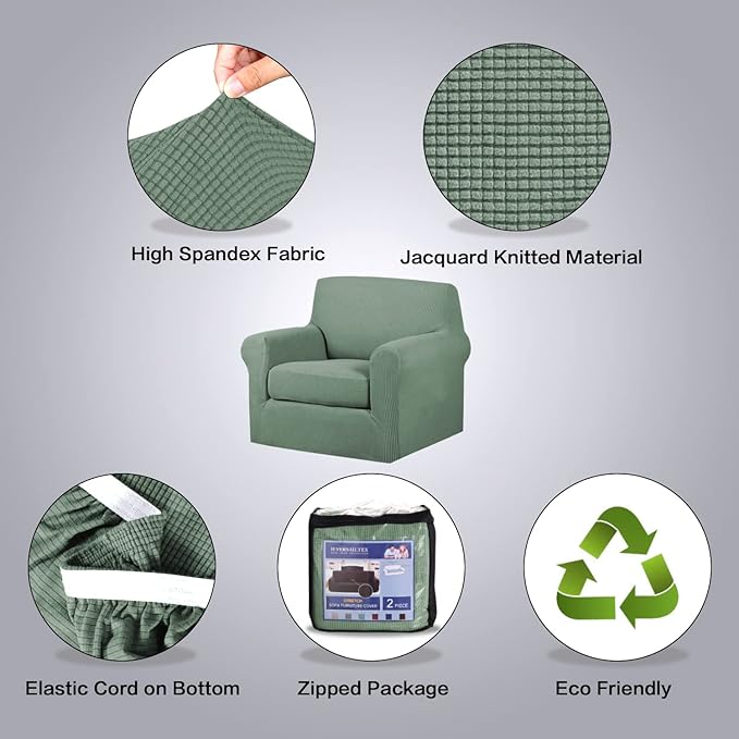 H.VERSAILTEX 2-Pieces Armchair Cover Chair Slipcovers with Arms Furniture Protector Cover Fit Armchair Width Up to 47 Inch, Jacquard Spandex Couch Covers Armchair Slipcover - Loden Frost, Chair