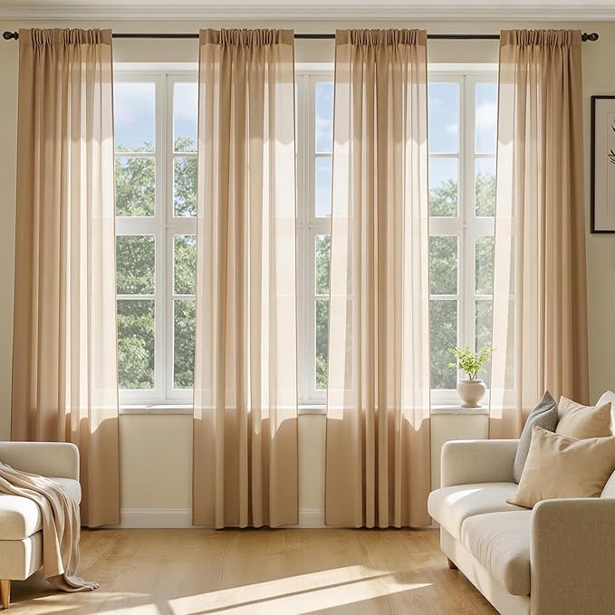 MIULEE Brown Sheer Curtains 108 Inches Long, 4 Panels Set, Rod Pocket Voile Drapes Light Filtering and Semi Transparent, Elegant Window Treatments for Bedroom Living Room,54 x 108 Inches