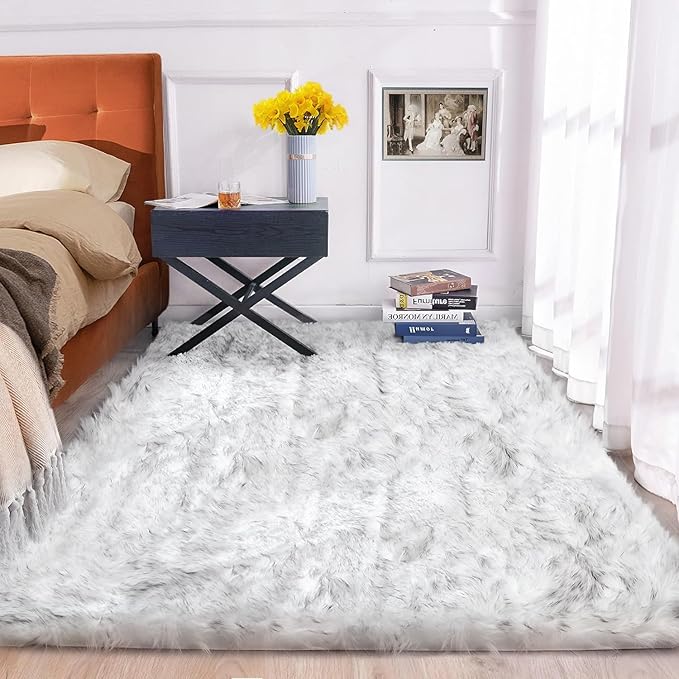 ORINOVA Gray and White Area Rug 6x9 Rugs for Bedroom Fuzzy Plush Large Sheepskin Washable Fluffy Fur Rug for Living Room Nursery Rug