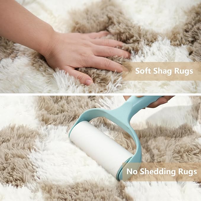 Checkered Area Rugs for Living Room 8x10, Fluffy Beige and White Checkered Rug Fuzzy Shag Shaggy Carpets for Bedroom, Soft Plush Furry Rug for Boy Girls Room Dorm Home Decor