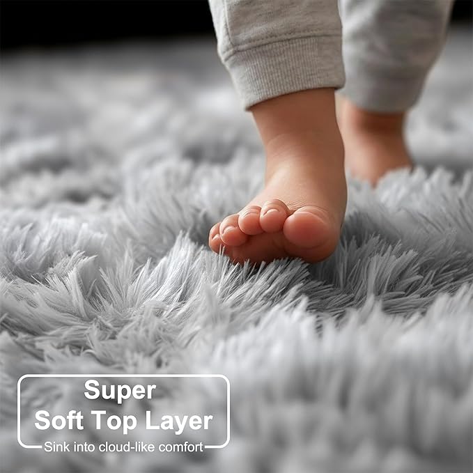 Amdrebio Tie-Dyed Light Grey Round Area Rug 4Ft for Bedroom Living Room, Soft Fluffy Circle Circular Rugs for Kids Room, Home Office Decor, Modern Floor Shag Fuzzy Farmhouse Gray Carpet for Teen Boys