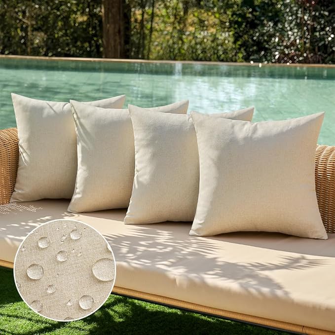 MIULEE Pack of 4 Decorative Outdoor Throw Pillow Covers Linen Waterproof Pillow Covers Farmhouse Cushion Cases for Patio Garden Tent Balcony Couch Sofa 18x18 inch Beige