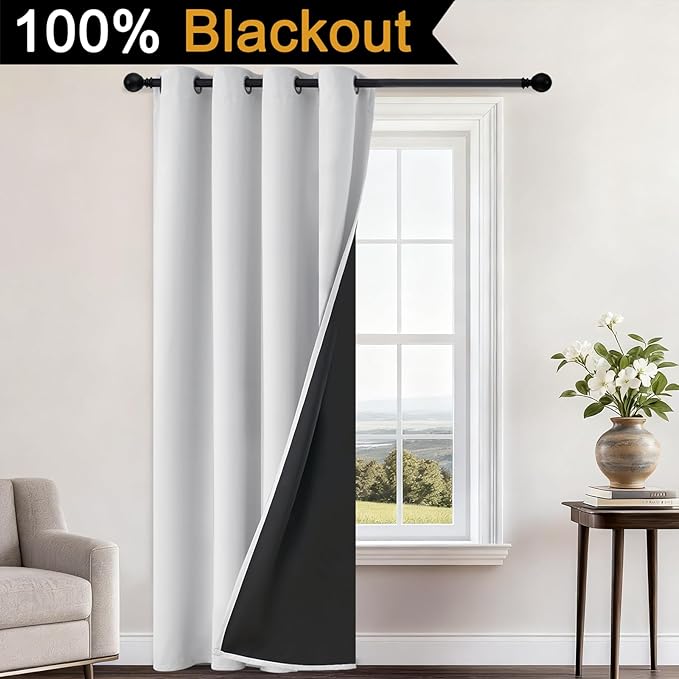 Yakamok 100% Blackout Curtains 84 Inches Long, 2 Thick Layers Heat and Full Light Blocking Soft Thermal Insulated Drapes for Bedroom(52" Wide Each Panel, Greyish White, 1 Panel)