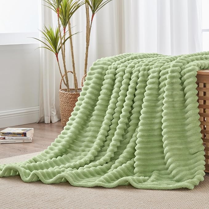 BEDELITE Twin Blanket for Couch & Bed, 300GSM Soft & Warm Fleece Blanket, Decorative and Giftable Striped Sage Green Blankets for Women, Men, 60"x80"