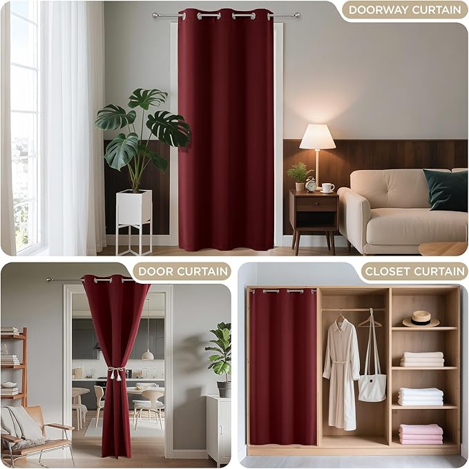 Joydeco Blackout Door Curtain for Doorway Privacy 90 Inches Long, Grommet Closet Curtain for Open Closet, Room Divider for Bedroom Living Room (Burgundy Red, 52Wx90L, 1 Panel)