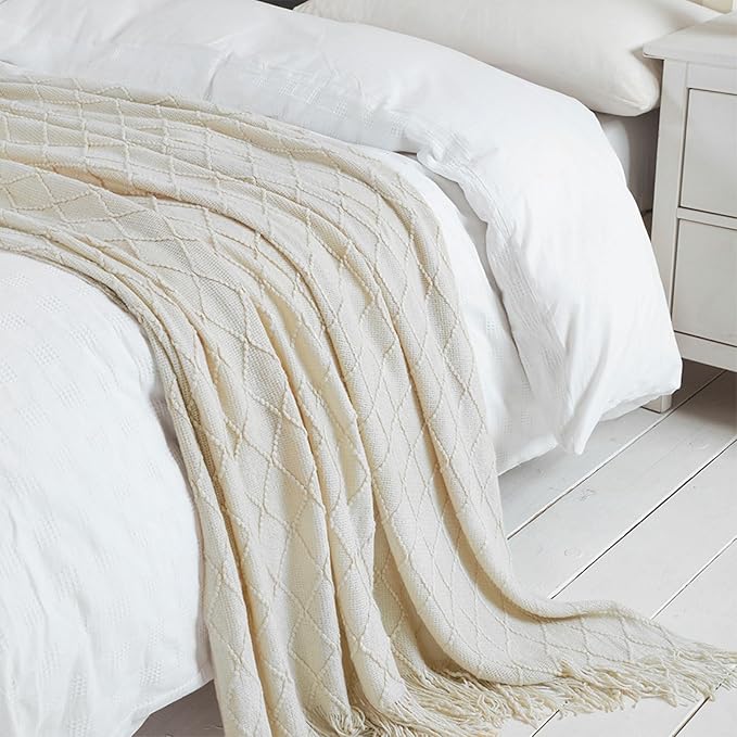 BOURINA Beige Throw Blanket 50 x90 Inches Throw Textured Solid Soft Sofa Throw Bed Runner Couch Cover Knitted Decorative Blanket Bed Runner