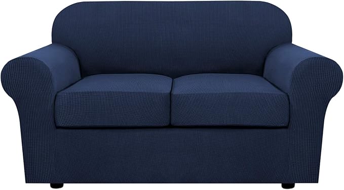 H.VERSAILTEX 3 Piece Stretch Sofa Covers for 2 Cushion Loveseat Couch Covers for Living Room Sofa Slipcovers (Base Cover Plus 2 Seat Cushion Covers) Thicker Jacquard Fabric(Medium Sofa, Navy)