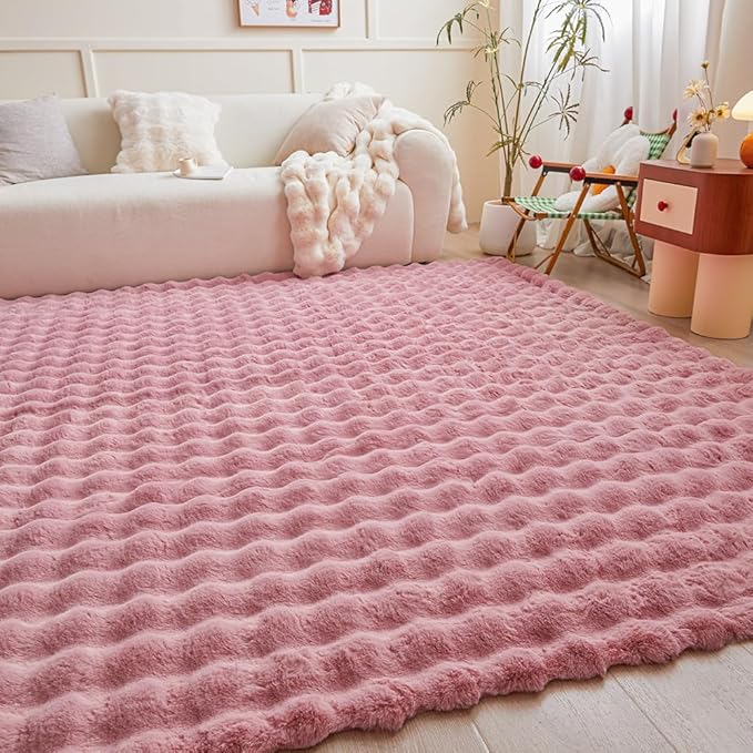 Pink Rabbit Plush Rug 8'x10', Fluffy Faux Fur Shaggy Area Rug for Nursery, Kids Room Decor, Soft Fuzzy Carpet for Living Room, Bedroom, Teen Girls Room