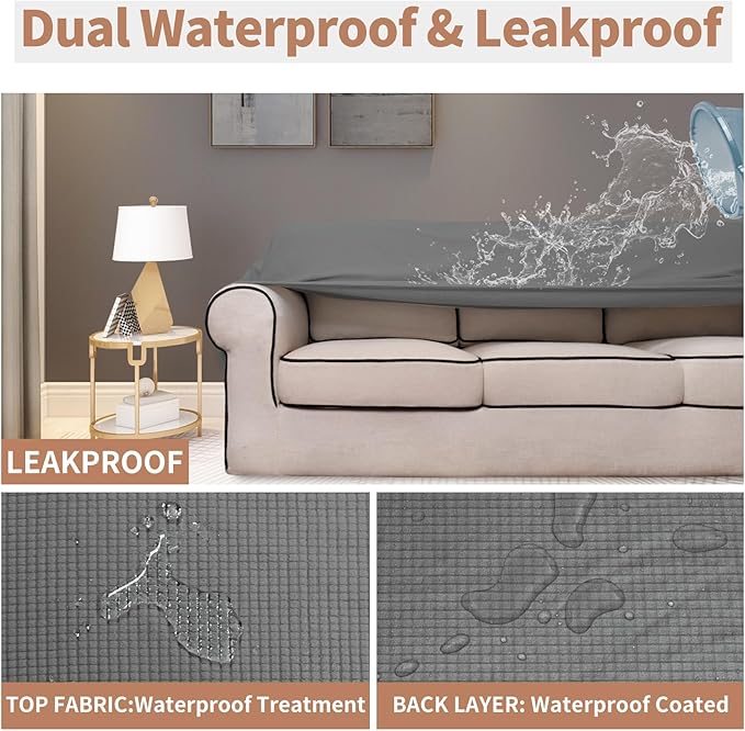 Easy-Going 100% Waterproof Couch Cover, Dual Waterproof Sofa Cover, Stretch Jacquard Sofa Slipcover, Leakproof Furniture Protector for Kids, Pets, Dog and Cat (Sofa, Grey)