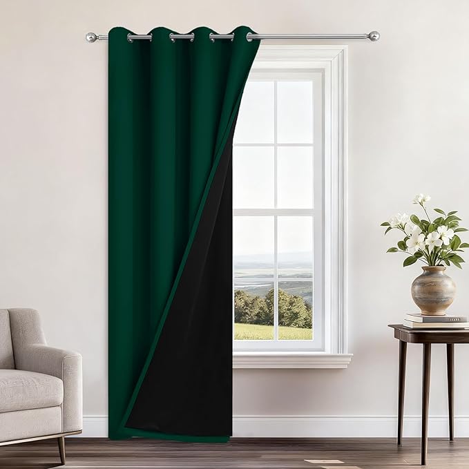 Yakamok 100% Blackout Curtains 84 Inches Long, 2 Thick Layers Heat and Full Light Blocking Soft Thermal Insulated Drapes for Bedroom(52" Wide Each Panel, Green, 1 Panel)