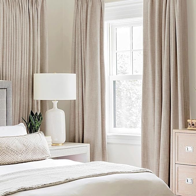 MIULEE 90 Inches Linen Textured Curtains for Bedroom 100% Blackout Thermal Insulated Natural Beige Grommet Room Darkening Curtains & Drapes Luxury Decor for Living Room Nursery 52 x 90 Inch (2 Panels)