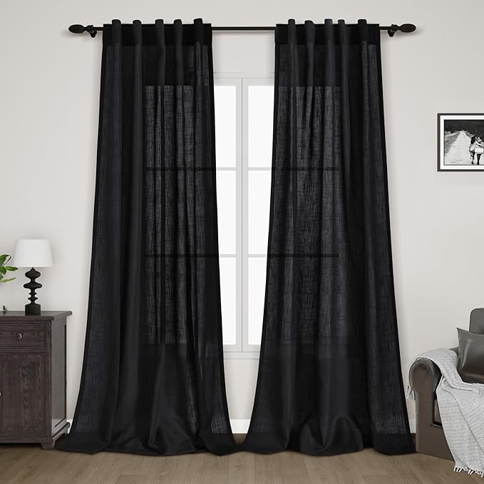 Black Linen Textured 96 Inch Curtains 2 Panel Set Back Tab Rod Pocket Sheer Light Filtering Boho Room Decor Aesthetic Curtains Burlap Look Curtain Drapes for Living Room Bedroom 8Ft 40x96 Inches