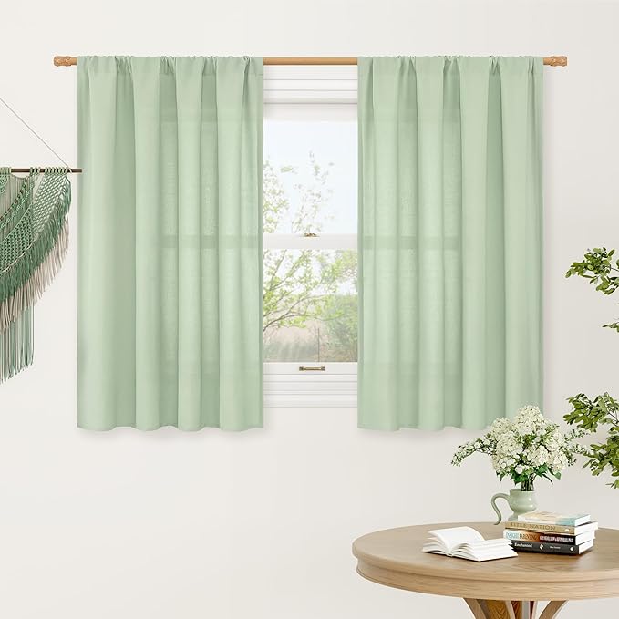 LAMIT Small Window Linen Curtains, 45 Inch Length Light Filtering Faux Linen Textured Neutral Decorative Rod Pocket Drapes for Bedroom, Light Green, 2 Panels Set, 42 X 45 Inch