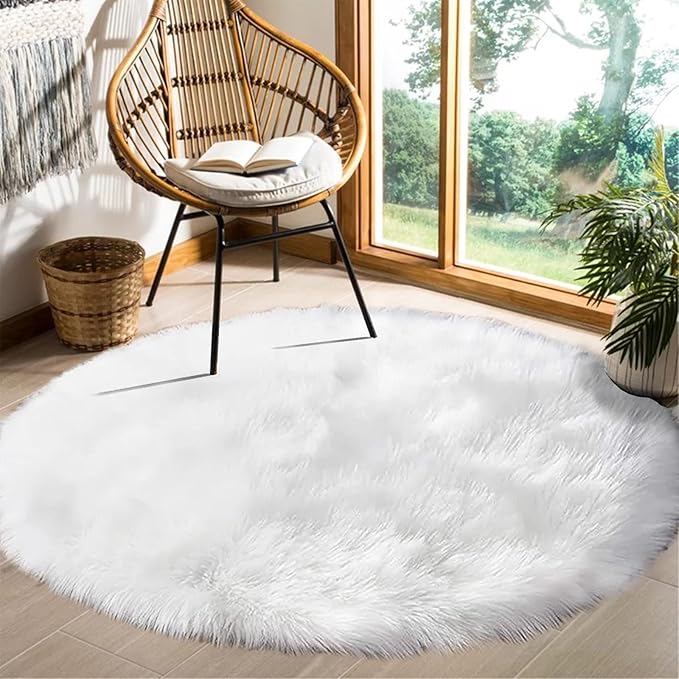 Goolela White Round Area Rug 6ft Fluffy Fuzzy Circle Sheepskin Rug for Bedroom Living Room Faux Fur Furry Carpet Luxury Plush Washable