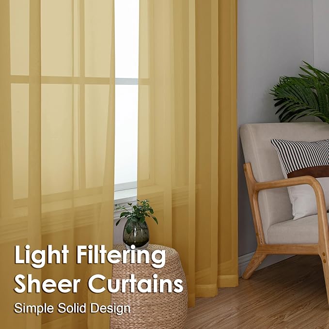 OVZME Gold Sheer Curtains 54 Inches Long 2 Panels - Soft Light Filtering Window Sheer Panels for Living Room/Bedroom, Top Dual Rod Pocket, 1 Pair, Each 42Wx54L Inches