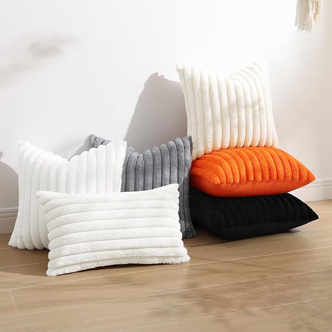 decorUhome Summer Cozy Faux Fur Throw Pillow Covers 22x22 Set of 2 Decorative Soft Plush Striped Modern Farmhouse Boho Couch Euro Sham Pillow Cases with Velvet Back for Sofa Bed Living Room, White