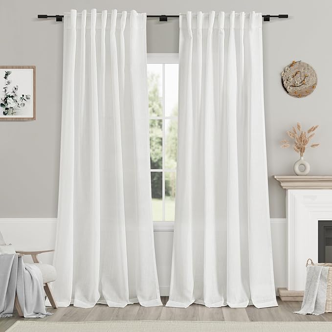Nanspring White Linen Curtains Back Tab Rod Pocket Sheer Drapes 97 Inches Long for Living Room 2 Panels Set Neutral Semi Sheer Light Filtering Curtains for Farmhouse Dining Room 52x97
