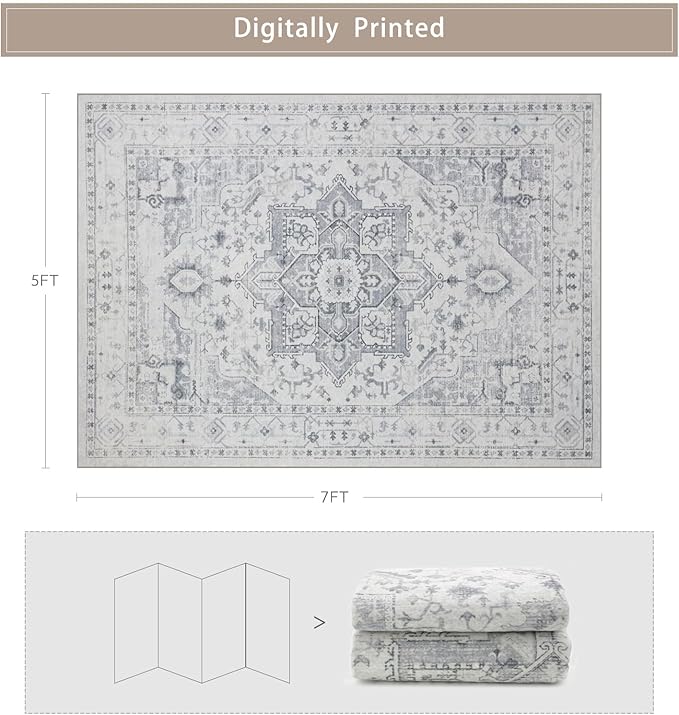 Srugn Area Rugs 5x7 Washable Area Rugs for Living Room- Ultra Soft Non-Shedding Faux Wool Bedroom Rug Grey Vintage Print Rugs Non Slip Dining Room Rugs Large Floor Carpet for Farmhouse Home Office