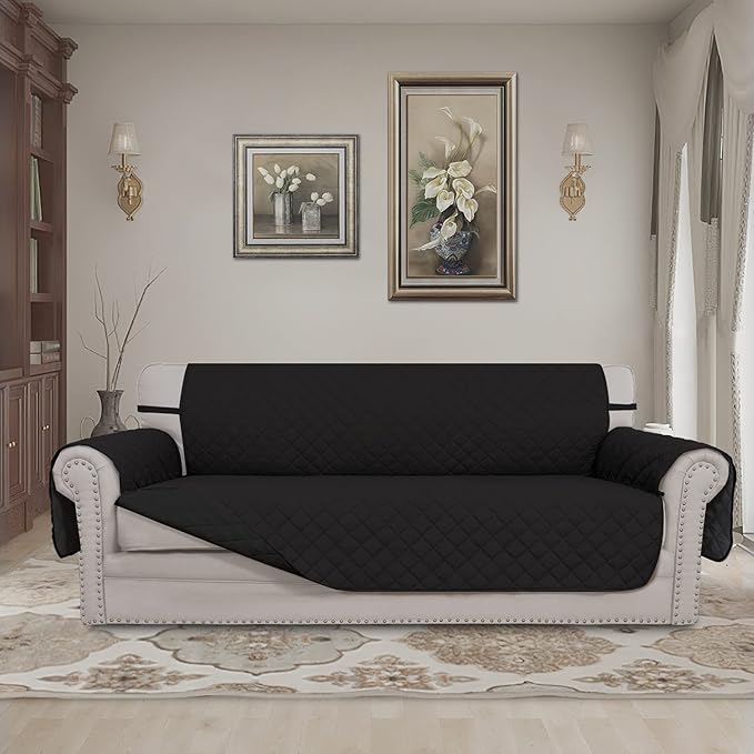 Easy-Going Reversible Couch Cover for 3 Cushion Couch Sofa Cover for Dogs Water Resistant Furniture Protector Cover with Foam Sticks Elastic Straps for Pet Cat (Sofa, Black/Black)
