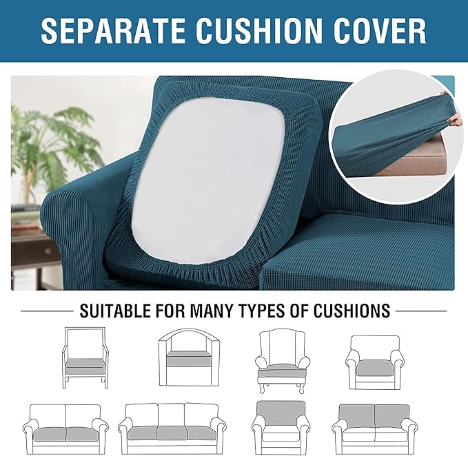 H.VERSAILTEX 3 Piece Stretch Sofa Covers for 2 Cushion Loveseat Couch Covers for Living Room Sofa Slipcovers (Base Cover Plus 2 Seat Cushion Covers) Thicker Jacquard Fabric(Medium Sofa, Deep Teal)