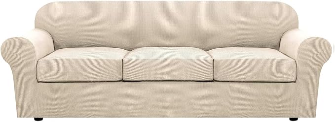 4 Piece Stretch Sofa Covers for 3 Cushion Couch Covers Furniture Slipcovers for Living Room (1 Base Cover Plus 3 Seat Cushion Covers) Thicker Jacquard Fabric Cover (XL Sofa, Natural)