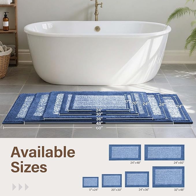 60x24 Long Bathroom Rugs Washable Non Slip, Blue Bath Mat for Bathroom Floor Tub, Soft Absorbent Quick Dry Mats for Shower,Bathtub,Home Decor