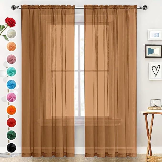 SpaceDresser Basic Rod Pocket Sheer Voile Window Curtain Panels Light Brown 1 Pair 2 Panels 52 Width 96 Inch Long for Kitchen Bedroom Children Living Room Yard（Light Brown, 52W x 96L）