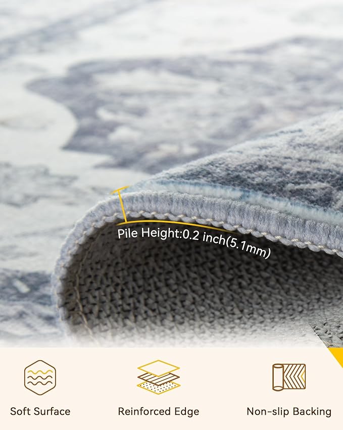 Area Rugs Square 8ft Washable Non-Slip, Floral Vintage Distress Print Pattern Medallion Carpet for Living Room Bedroom Dining Room, Light Gray Grey White