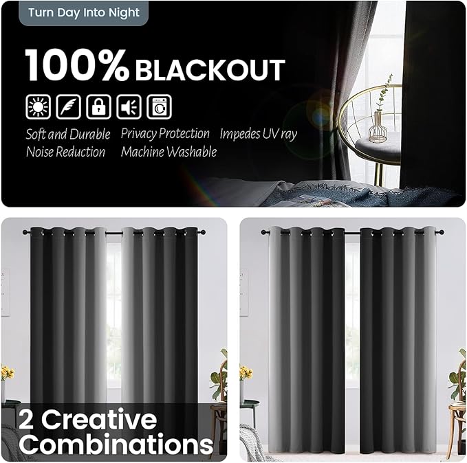 SimpleHome Black Ombre 100% Blackout Curtains for Bedroom 45 Inches Long, Room Darkening Thermal Insulated Grommet Curtains for Living Room, 2 Panels, 52x45 inches Length