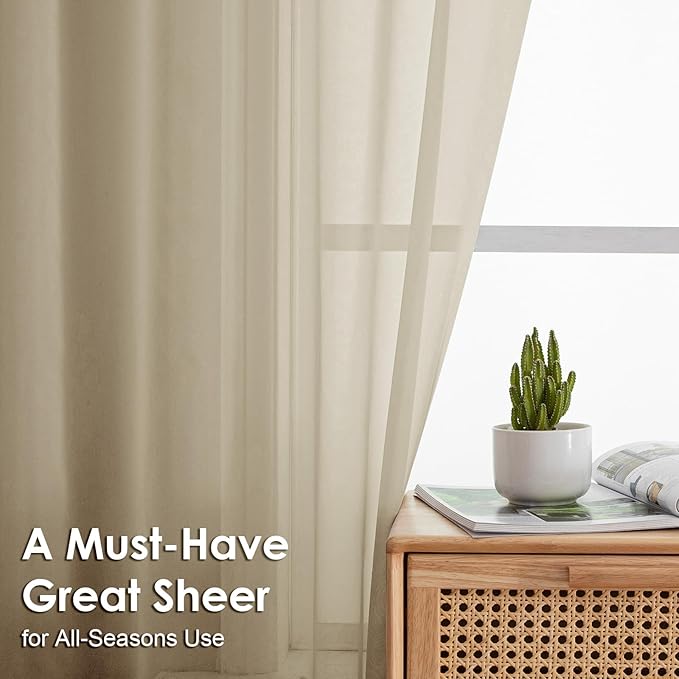 OVZME Taupe Sheer Curtains 96 Inches Long 2 Panels - Soft Light Filtering Window Sheer Panels for Living Room/Bedroom, Top Dual Rod Pocket, 1 Pair, Each 42Wx96L Inches