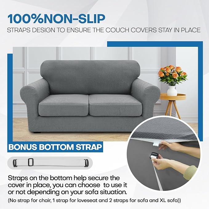 XINEAGE 2026 New 4 Pieces Extra Large Couch Covers for 3 Cushion Sofa Super Stretch Sofa Cover for 3 Large Seat Cushion Universal Slip Cover for Living Room (Light Gray), 91"-110"(3 Cushions)