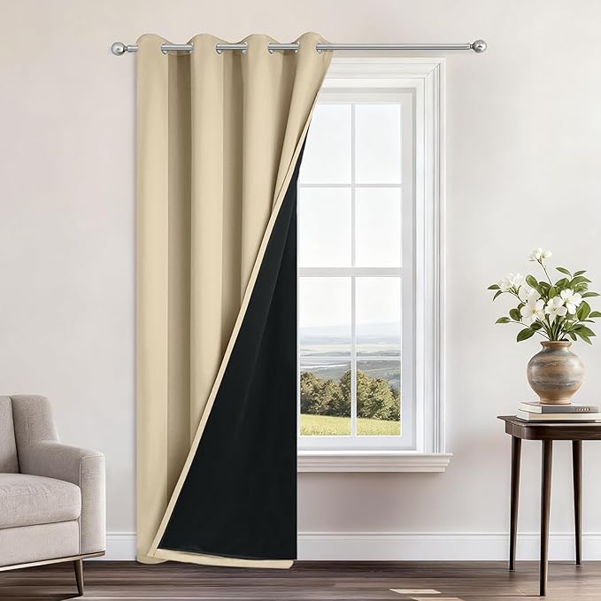 Yakamok 100% Blackout Curtains 96 Inches Long, 2 Thick Layers Heat and Full Light Blocking Soft Thermal Insulated Drapes for Bedroom(52" Wide Each Panel, Beige, 1 Panel)