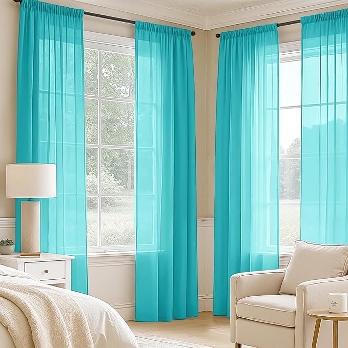 MIULEE Turquoise Sheer Curtains 108 Inches Long, 4 Panels Set, Light Filtering Rod Pocket Voile Drapes for Living Room and Bedroom, Airy Soft Fabric Window Treatments, 42 x 108 Inches