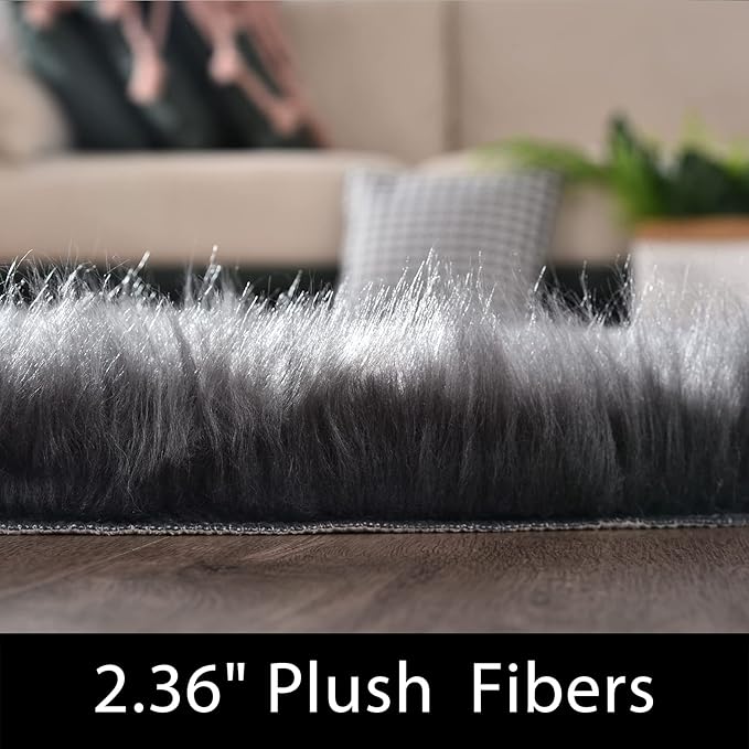 Latepis Dark Grey Round Rugs 4ft Circle Faux Fur Rug Washable Fluffy Furry Boho Rug Sheep Skin Rugs for Bedroom Room Decor