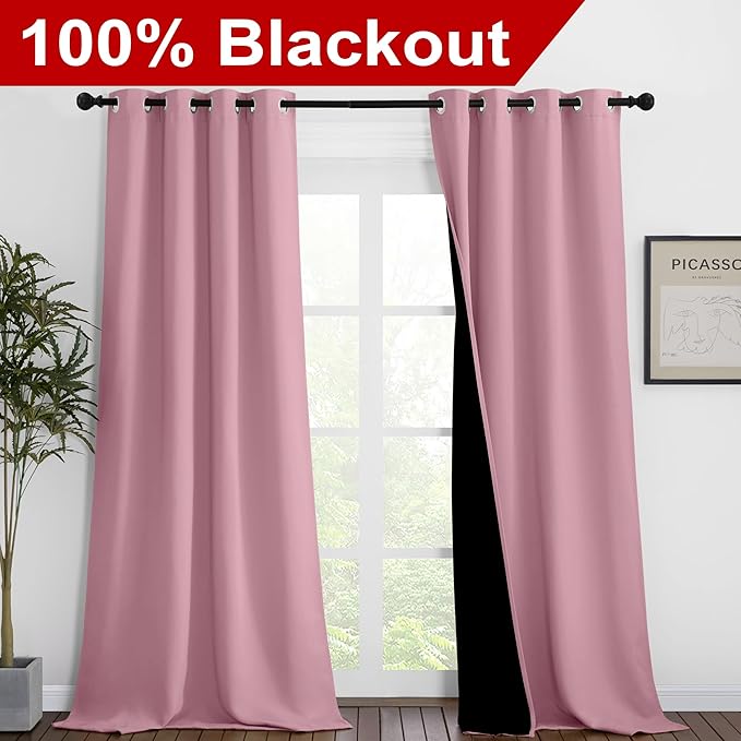 NICETOWN 100% Blackout Blinds, Set of 2, 46 inches x 96 inches, Laundry Room Decor Window Treatment Curtains for Large Patio Sliding Door, Thermal Insulated Crystal Pink Curtains for Bedroom