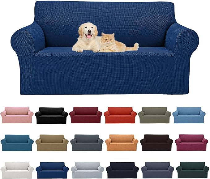 Cupuamon 2026 New Stretch Loveseat Sofa Slipcovers Couch Cover for 2 Cushion Furniture Protector Sofa Covers with Elastic Bottom Jacquard Fabric Small Checks for Pets, Kids - Classic Blue