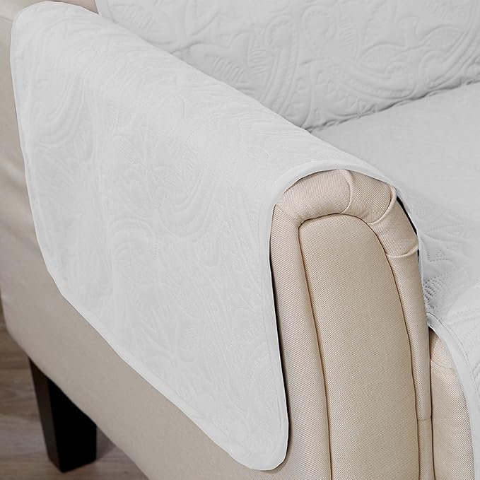 Great Bay Home Reversible Recliner Cover - Washable Slipcover Furniture Protector with Elastic Straps - Perfect for Kids & Pets - Quilted & Stitched Detail (White/Sand)
