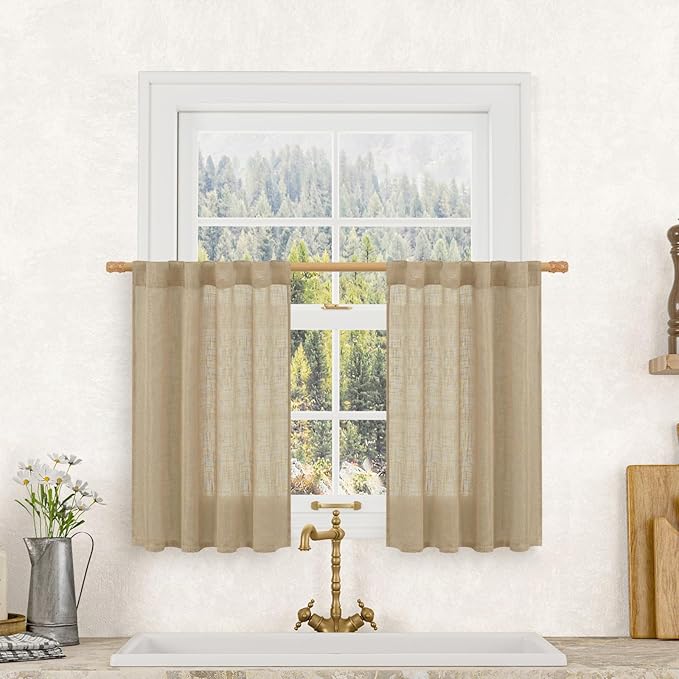LAMIT Brown Linen Cafe Curtains 30 Inch Length, Semi Sheer Light Filtering Window Panels Back Tab and Rod Pocket Drapes for Kitchen/Small Windows, 25 x 30 Inch, 2 Panels