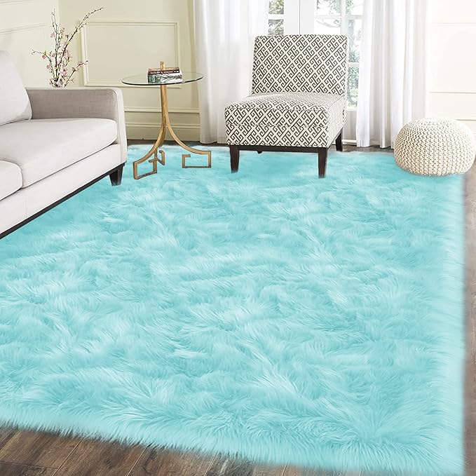 Latepis Blue Rugs for Living Room 5x6.7 Faux Sheepskin Fur Area Rug for Bedroom Soft Fluffy Furry Rugs Washable Carpet for Dorm Home Décor, Rectangle