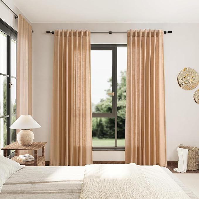 Nanspring Camel Linen Curtains for Living Room 92 Inches Long Back Tab and Rod Pocket Light Filtering Semi Sheer Vintage Rustic Curtain Luxury Boho Decor Drapes for Bedroom Office 52x92, 2 Panels
