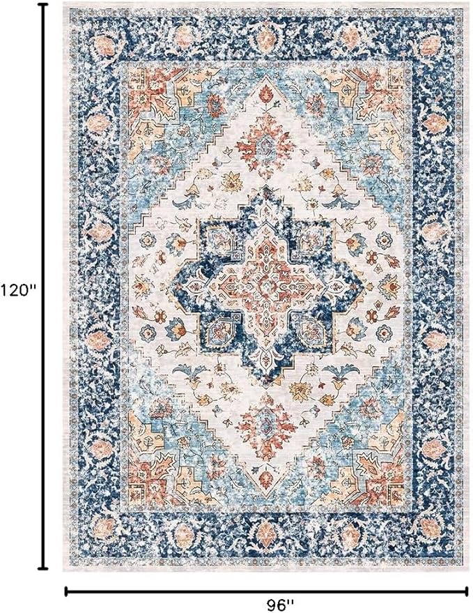 SERISSA Boho 8x10 Area Rugs, Washable Vintage Large Living Room Rug Non-Slip, Ultra Soft Oriental Print Distressed Tribal Farmhouse Blue Orange Carpet for Dining Room Bedroom Dorm Office Home Decor