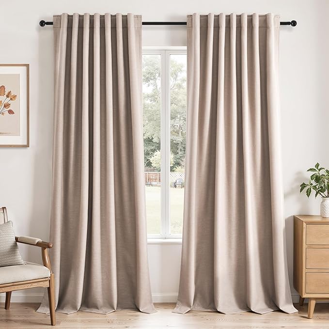 Natural Beige 95 inch bedroom living room curtains 2 Panels 100% Blackout Linen texture Curtain Drapes with Back Tab Rod Pocket Room darkening Thermal Insulated Curtains for Dining Sliding door 52x95