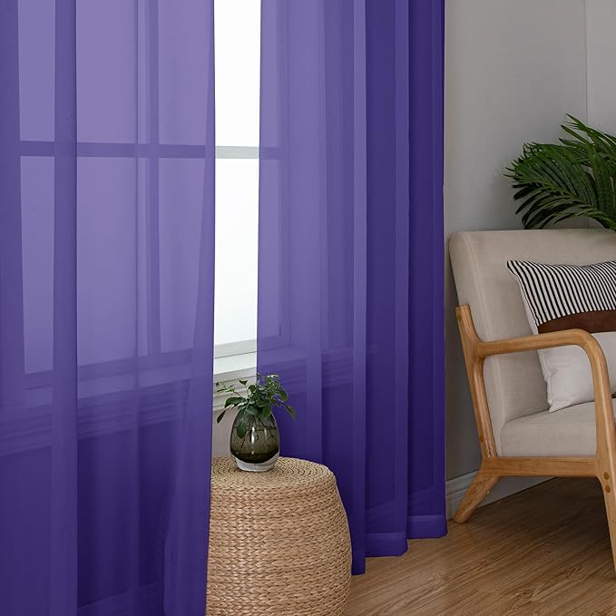 Chyhomenyc Purple Sheer Curtains 45 Inch Long 2 Panels, Light Filtering Rod Pocket Voile Short Curtains Drapes for Living Room Bedroom Small Windows, 42Wx45L Inches