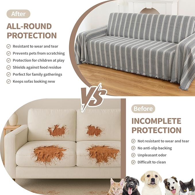 Couch Cover for Dogs, Boho Sofa Covers for 3 Cushion Couch, Chenille Sofa Slipcover for Pets Washable, L-Shape Sectional Loveseat Cover Soft Throw Blankets with Tassels(71x118,Striped Grey)