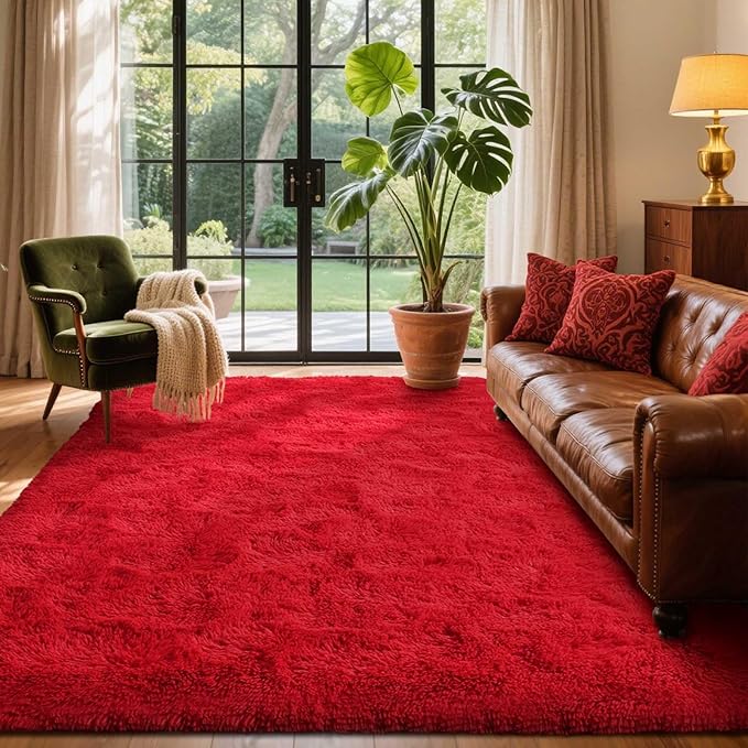 4x6 Ft Red Shag Rugs for Bedroom Living Room Decor, Ultra Soft Fluffy Furry Area Rug for Indoor Floor, Aesthetic Carpet for Home Nursery Dorm Decor