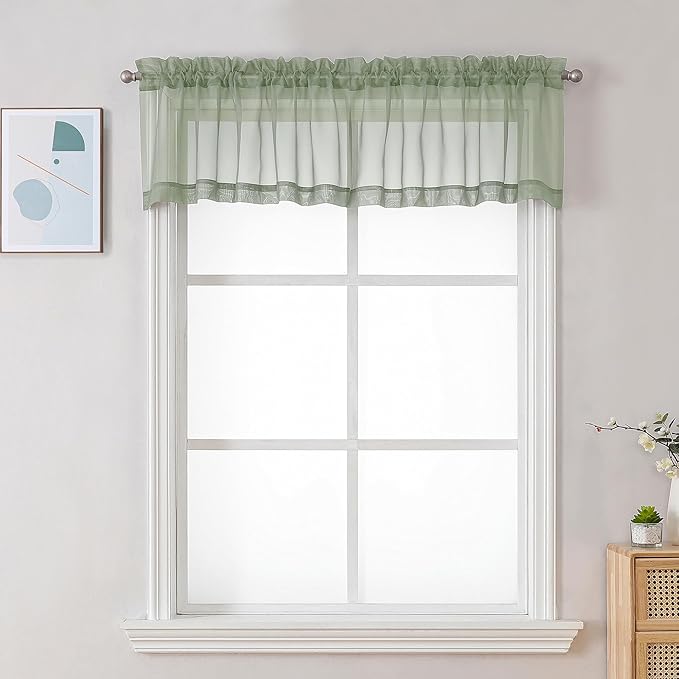 Chyhomenyc Sheer Sage Green Valances for Windows 2 Pack, Small Window Curtains for Living Room Bathroom Cafe Laundry Basement, Modern Top Dual Rod Pocket Voile Curtain, 42W x 18L inches, Sage Green