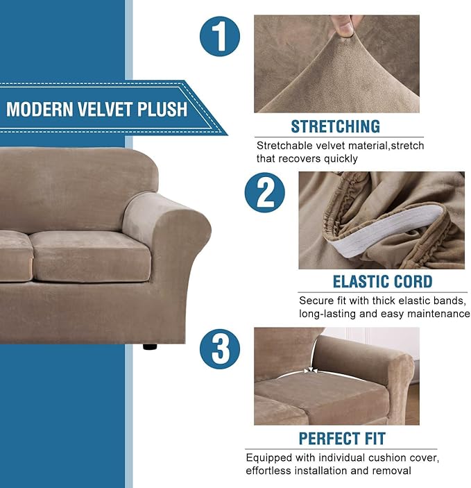 H.VERSAILTEX Real Velvet Plush 3 Piece Stretch Sofa Covers Couch Covers for 2 Cushion Couch Loveseat Covers Width Up to 72 Inch Feature Thick Soft Stay in Place (Medium Sofa, Camel)