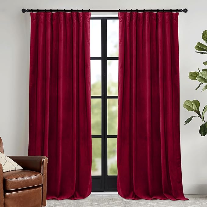 RYB HOME Chistmas Red Velvet Curtains- Super Soft Thermal Insulated Back Tab & Rod Pocket Window Curtain for Bedroom Movie Theater, Width 52 x Length 90 inch, Red, 2 Panels